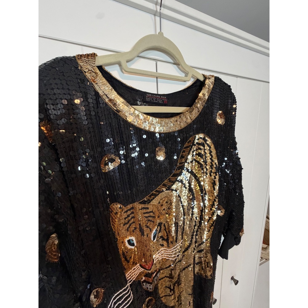 Rare Vintage 80s 100% Silk Sequin Tiger Mini Dress Black Gold Beaded Dolman Sz S - Picture 9 of 10